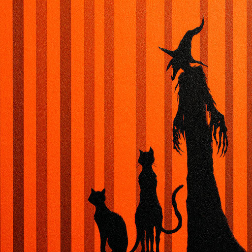 Halloween Graphic with Witch and Black Cat Silhouettes