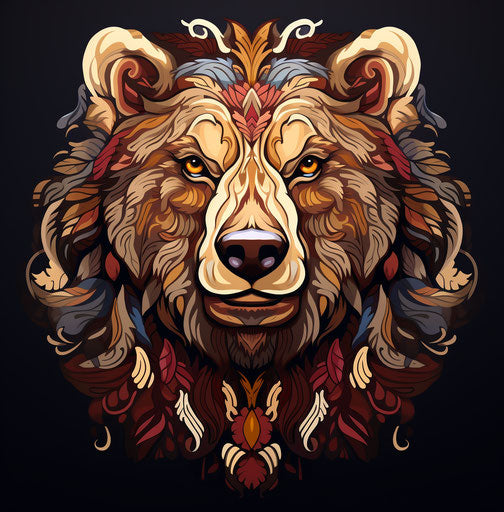 Brown bear head in colorful woodcarving tattoo style