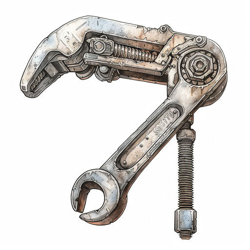 Industrial-style mechanical tattoo design of a wrench and screw, realistic textures, on a white background