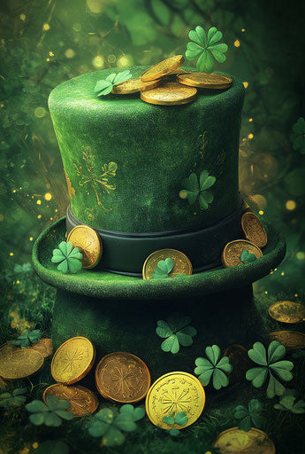 Green hat with gold coins and shamrocks, cartoon style