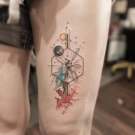 Elegant flat tattoo sketch with watercolor effects inside a hexagonal frame