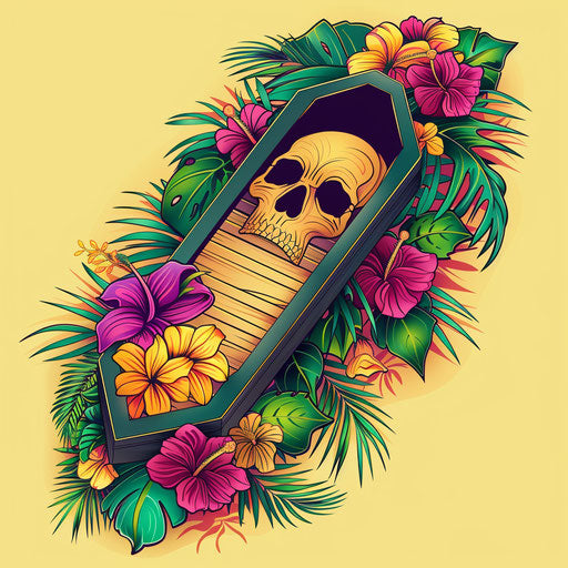 Exotic flat tattoo sketch of a coffin with tropical floral patterns and vivid colors