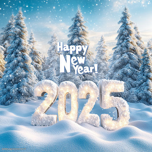 3D Snowy Landscape with 'Happy New Year!' written in snow