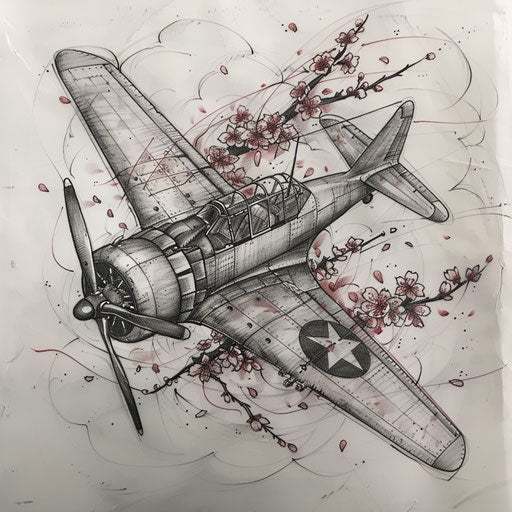 Japanese art style sketch of a kamikaze plane with cherry blossoms