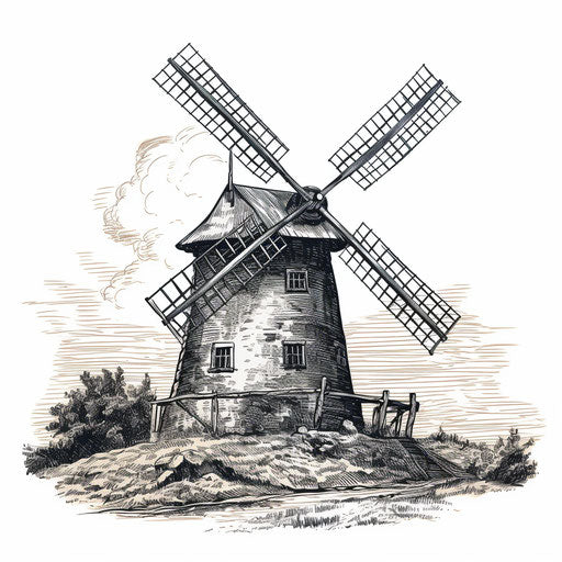 Windmill sketch in the Chiaroscuro Art style, on white backdrop