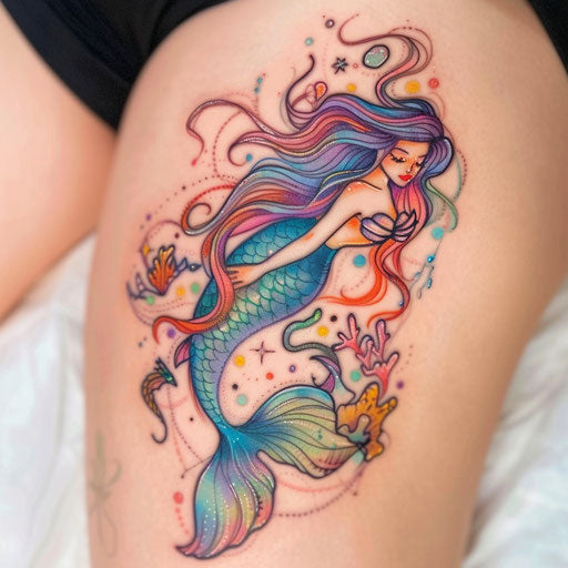 Vibrant mermaid tattoo with colorful hair and tail