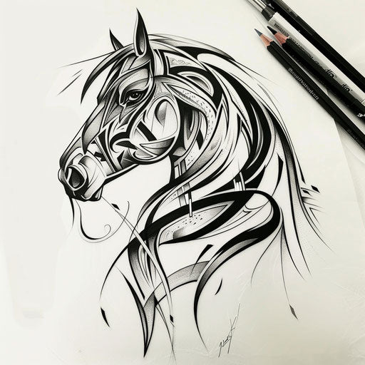 Stylized flat tattoo sketch of a dark horse with tribal markings