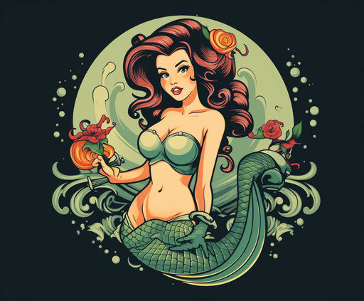 Animated mermaid with big tail, vintage pin-up style, gifs, light green and black, tattoo, strong facial expression, curves 75:62