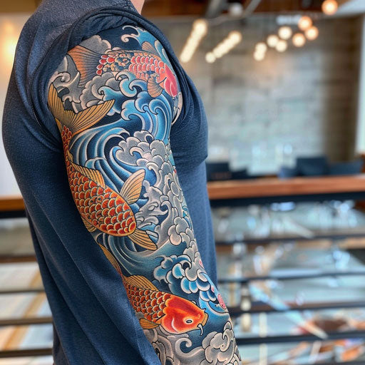 Sleeve tattoo with Japanese koi fish and waves