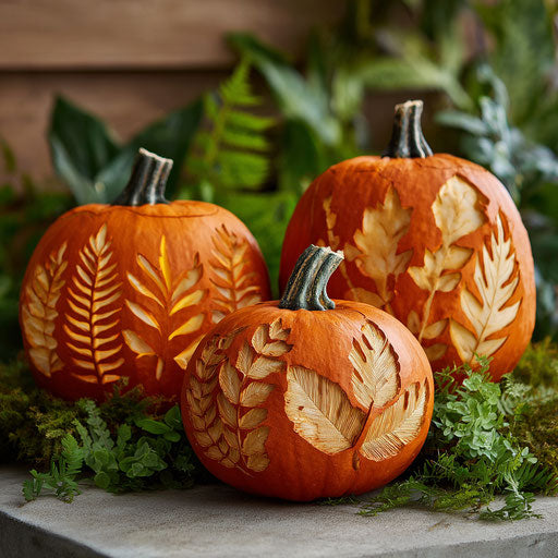 Three carved pumpkins among green foliage