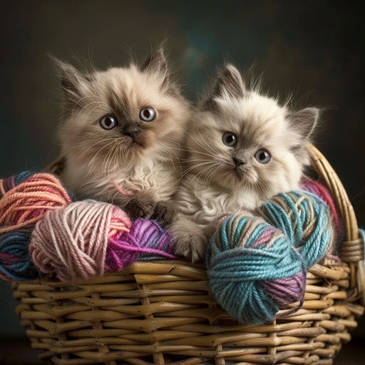 Two Himalayan kittens playing in a basket of colorful yarn