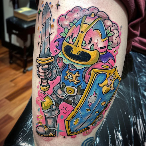 Whimsical tattoo sketch of a cartoonish knight with oversized armor, using bright, playful colors