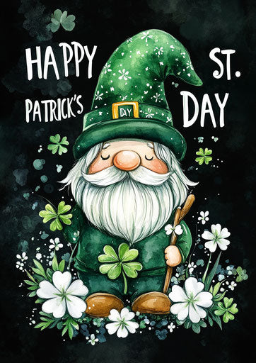 St. Patrick's Day gnome with green hat surrounded by white flowers and four-leaf clovers on watercolor black background