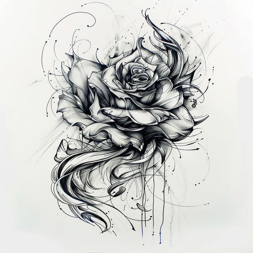 Vibrant sketch of a flat rose with wind-blown petals and dynamic movement