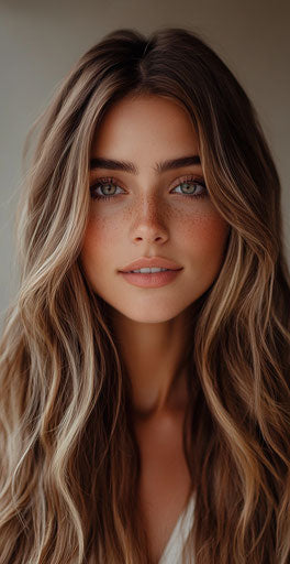 Model with brown-blonde balayage and long hair in soft wave