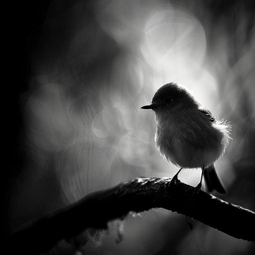 Bluebird in a black and white photograph with striking contrasts in the style of Laurent Baheux