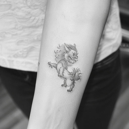 Minimalist black and white foo dog tattoo
