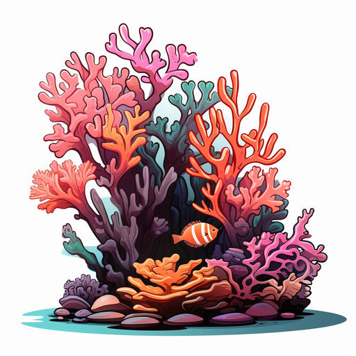 Coral reef depiction inspired by Chiaroscuro Art, on white backdrop