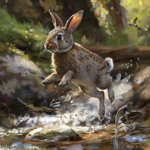 A rabbit making a daring leap over a babbling brook