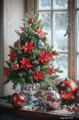 Christmas Fantasy Art, silver and red ornaments with mistletoe in the style of fantasy art