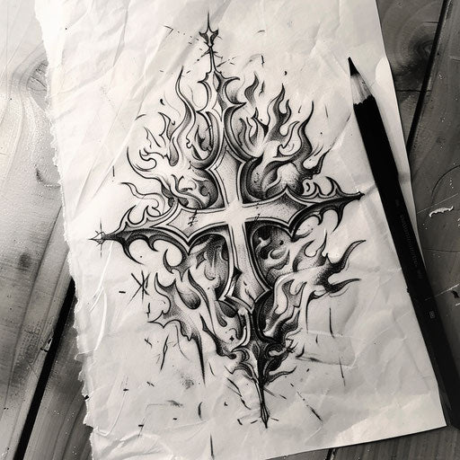 Cross surrounded by fiery flames