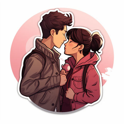 Two people kissing in front of heart stickers