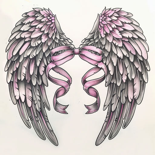 Concept drawing of an angel wings tattoo with pink ribbons