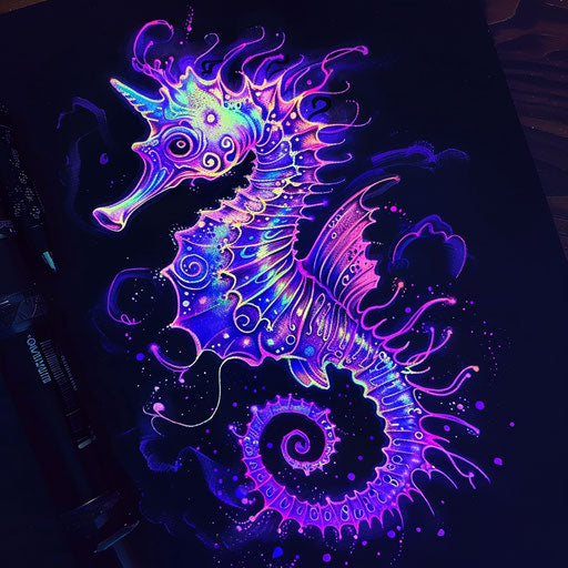 Glow-in-the-dark seahorse tattoo sketch in neon colors with a clipart style