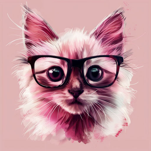 Cute cat in glasses, in the style of light pink and maroon, primitivist frenzy