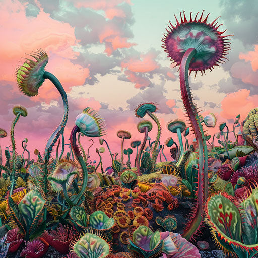 Artistic Venus flytrap garden under a pastel sky