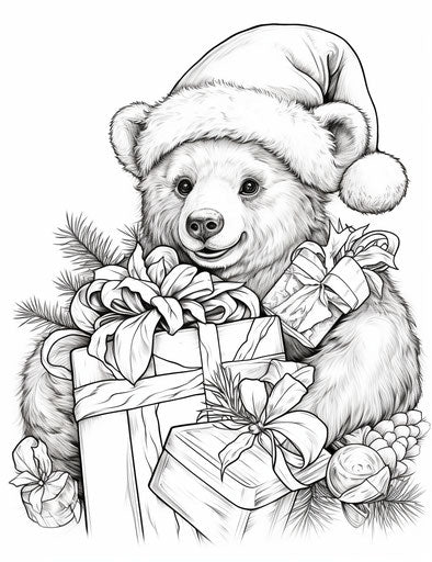 Christmas bear with box, rubenesque style, canon 7, energetic gestures, high resolution, hand-coloring, foreshortening techniques, pseudo-realistic 24:31