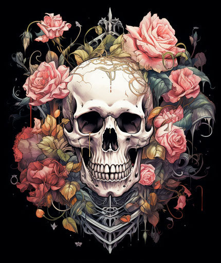 Skull and roses, edgy style, sgrafitto, white and silver