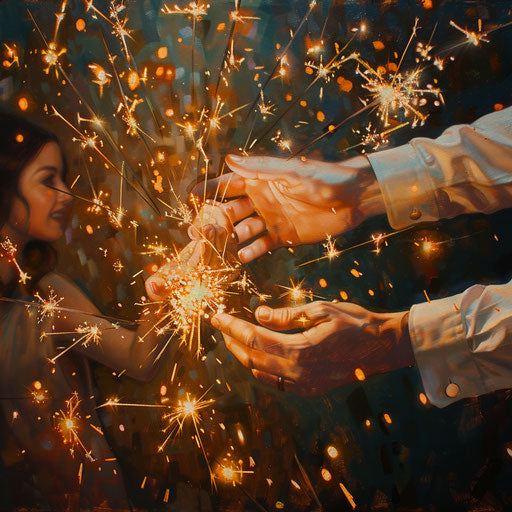 Hands reaching through a burst of sparklers
