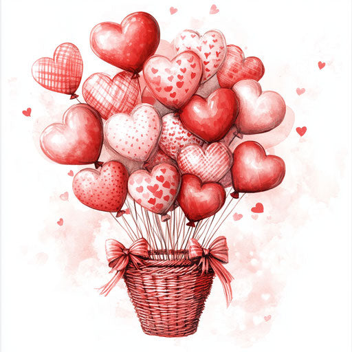 Heart-shaped balloons in a basket, romantic clipart style