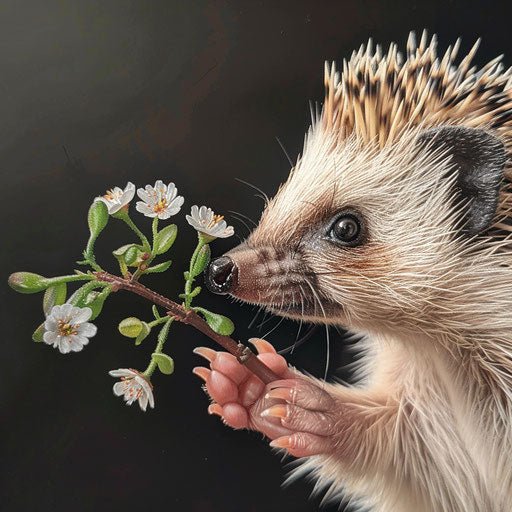 A hedgehog's delicate paws with spring flowers