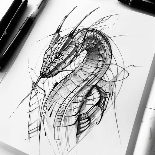 Dynamic cobra tattoo sketch with metallic inks and art deco style