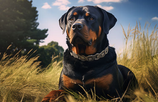 Rottweiler dog sitting on grass with collar, light red and black style