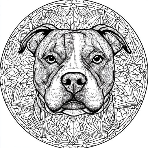 Intricate mandala with a pitbull in the center in the style of Andy Marlette, Coloring book page