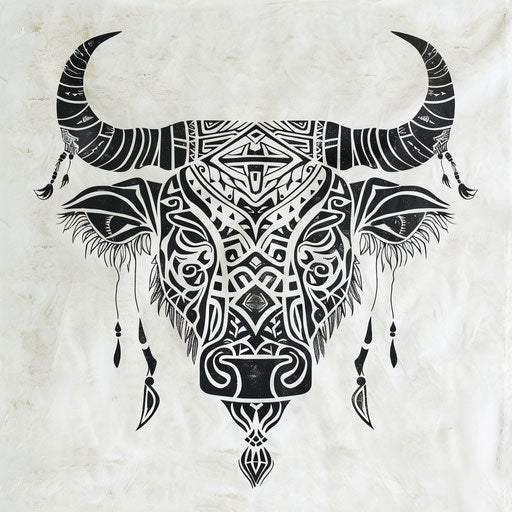 Polynesian bull tattoo outline, intricate symbols on white canvas