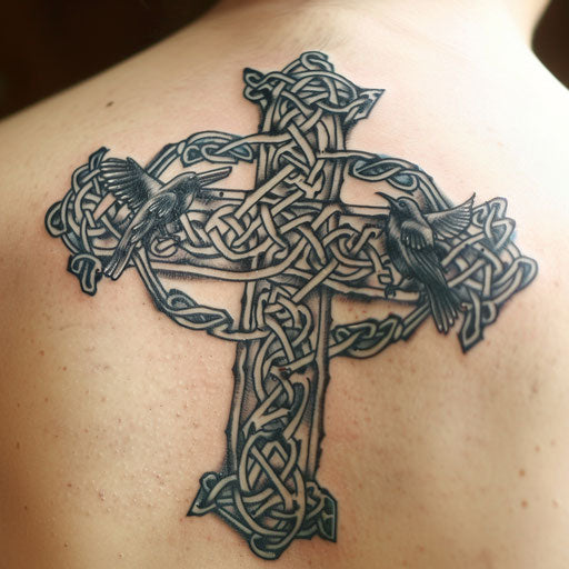 Animal-themed celtic cross tattoo - wolf raven on white