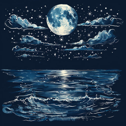 A celestial tattoo sketch of a moonlit sea with a starry sky above, in midnight blue and silver, clipart style