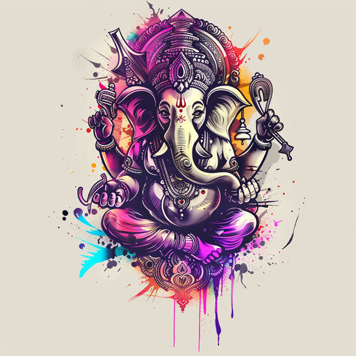 Dynamic Ganesha tattoo sketch, clipart style with neon colors