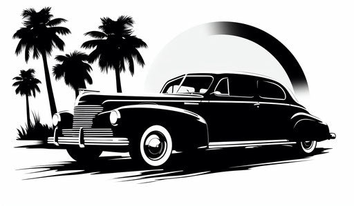 Black and white car illustration, stencil-based style 12:7 m