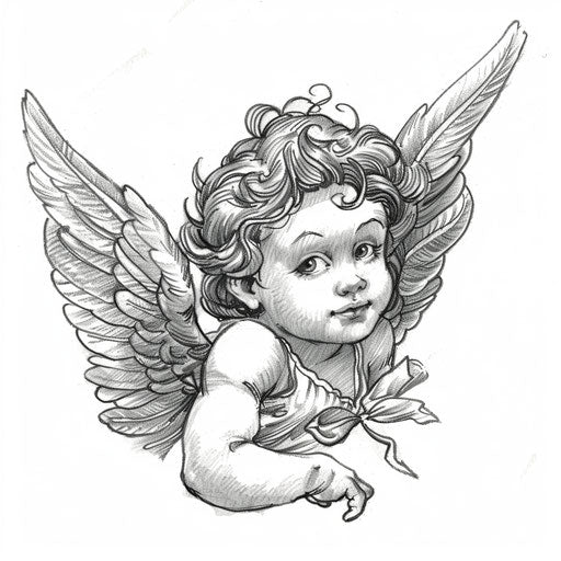 Angelic cherub tattoo design, fine line style, white backdrop