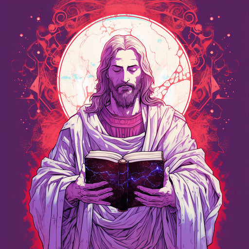 Holy Jesus holding Bible on silver background, line drawing style