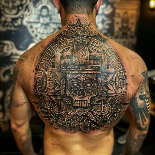 Aztec design cover up tattoo in the style of J.P. Targete