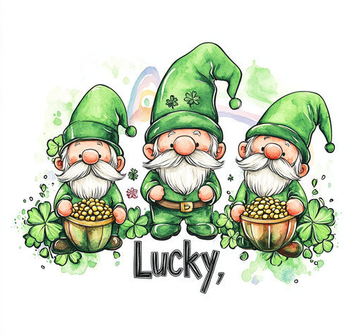 Saint Patrick's Day gnomes with gold and a rainbow