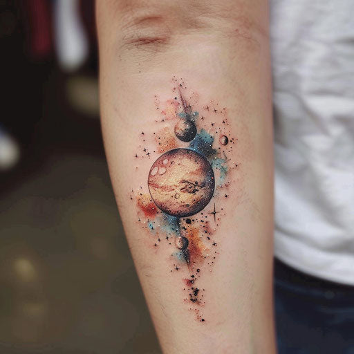 Artistic tattoo sketch of Pluto with small stars and dark mystical colors