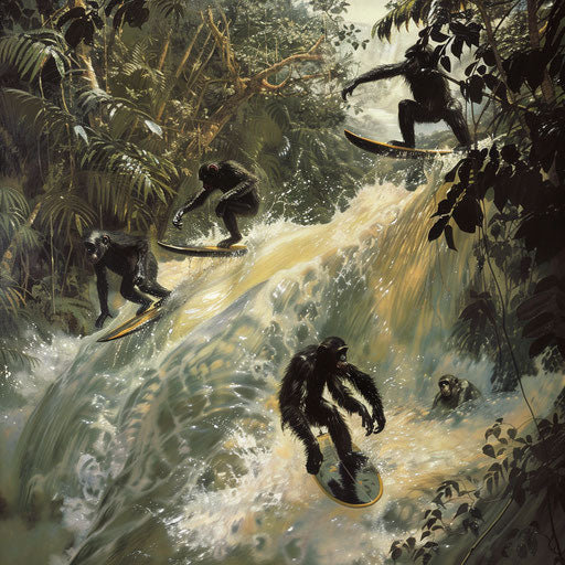 Monkeys surfing on leaves in a fast-flowing river
