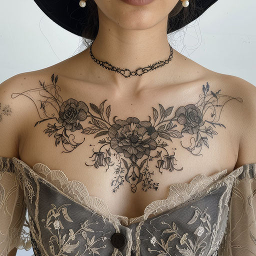 Botanical chest tattoo with intricate floral patterns
